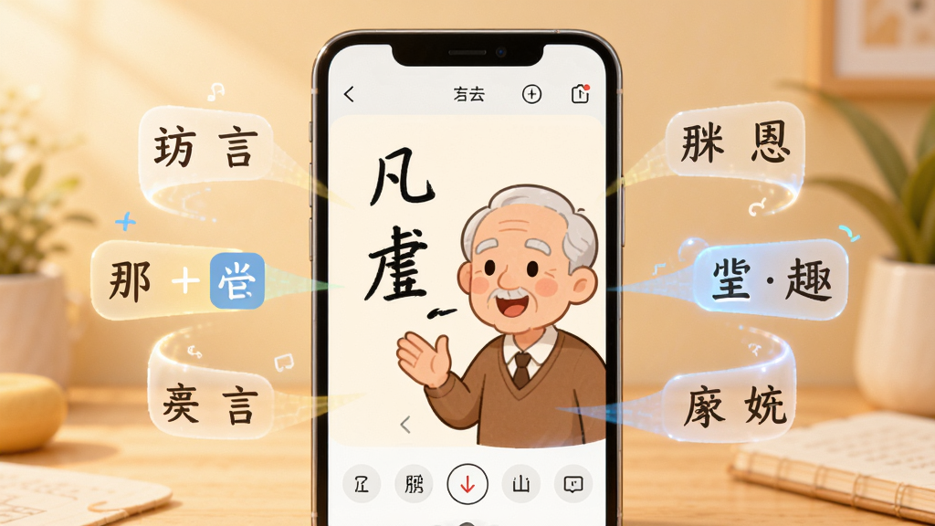 手写输入法软件功能展示图,画面中心是一部智能手机,屏幕上显示手写输入界面和一个正在说话的卡通老人形象,周围环绕着方言字符转换成文字的动画效果,布局简洁大方,风格温馨科技感,细节清晰,画质明亮,干净无多余元素