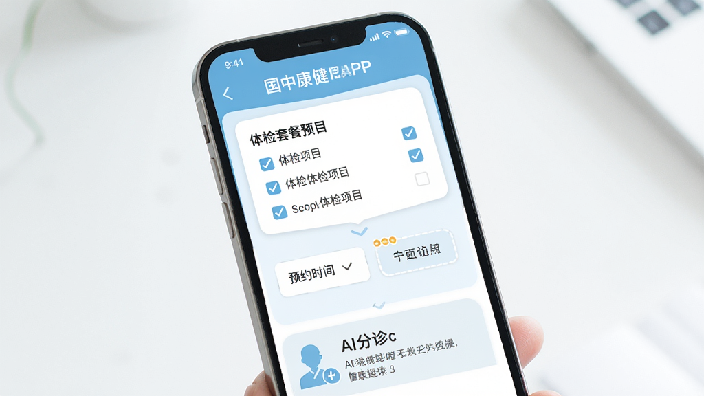 国中康健APP健康体检预约页面,主体为手机屏幕展示体检套餐选择界面,布局为上下滑动式卡片,排版整齐,风格为清爽浅色系,细节包括体检项目勾选、预约时间选择、AI分诊提示,画质高清,干净,无多余元素