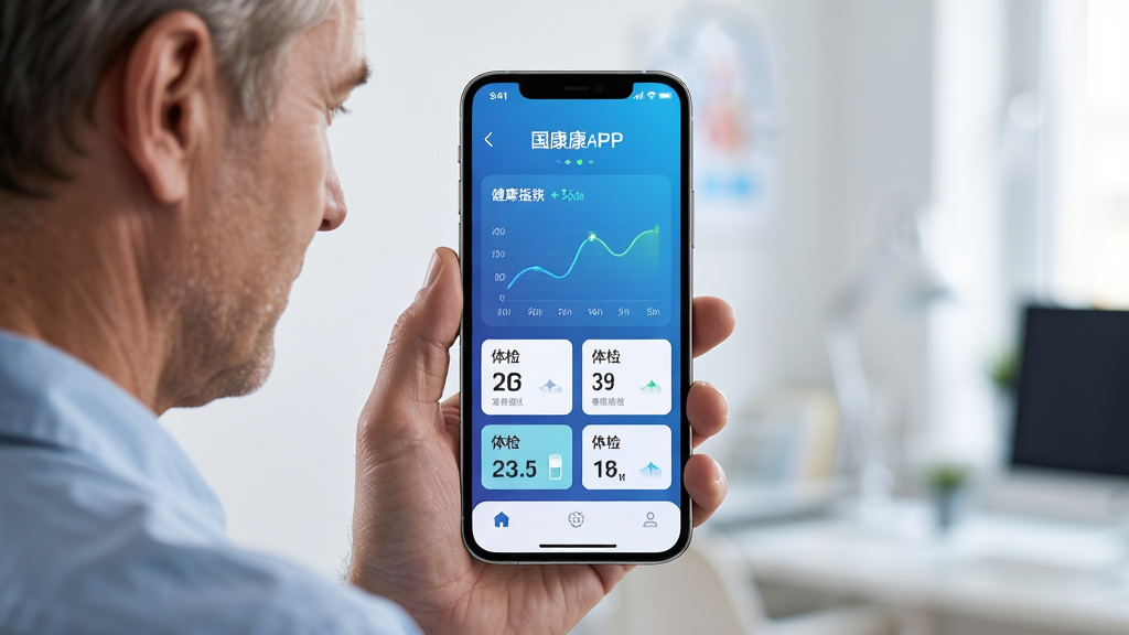 手机屏幕显示国中康健APP健康档案界面,主体为一位中年男性查看手机上的健康数据图表,布局为居中手机特写,排版简洁,风格为现代医疗科技感,细节包括蓝色渐变UI、健康数据曲线、体检指标卡片,画质高清,干净,无多余元素