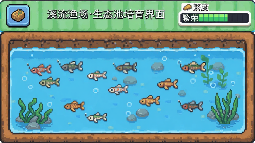 溪流渔场生态池培育界面,像素风格,多个鱼苗在池中游动,周围有饲料投喂按钮和繁荣度进度条,布局整齐,排版清晰,清新像素画风,细节丰富,画质干净,无多余元素