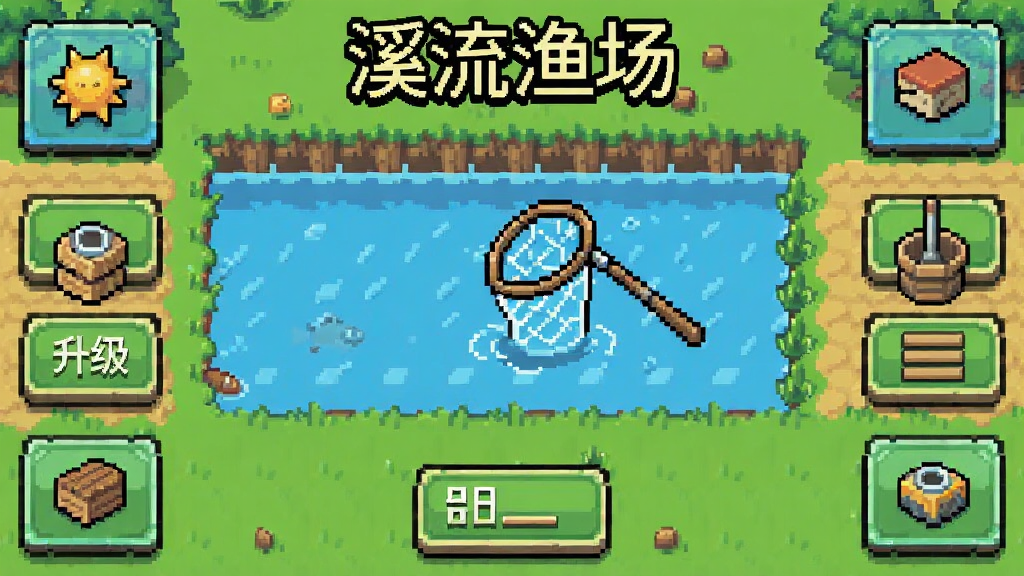 溪流渔场游戏主界面,像素风格,中央是清澈溪流和捕鱼抄网,周围有升级设施按钮,布局简洁,排版清晰,复古像素画风,细节丰富,画质干净,无多余元素