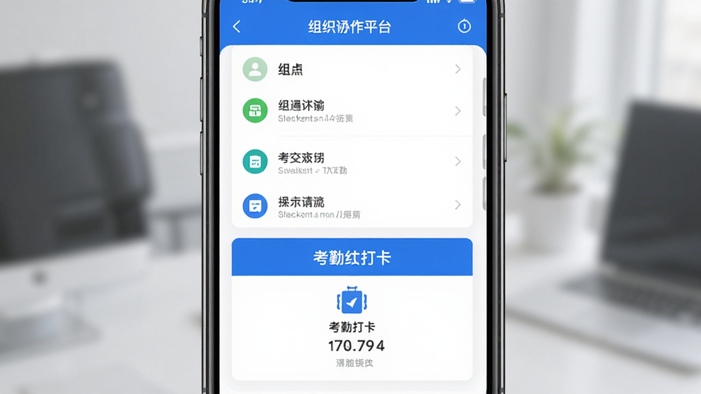 宝盒中通安全协作平台界面展示,主体为手机屏幕显示组织通讯录和考勤打卡功能,布局采用居中排版,风格简洁商务,细节包含蓝色主色调和清晰图标,画质干净无多余元素