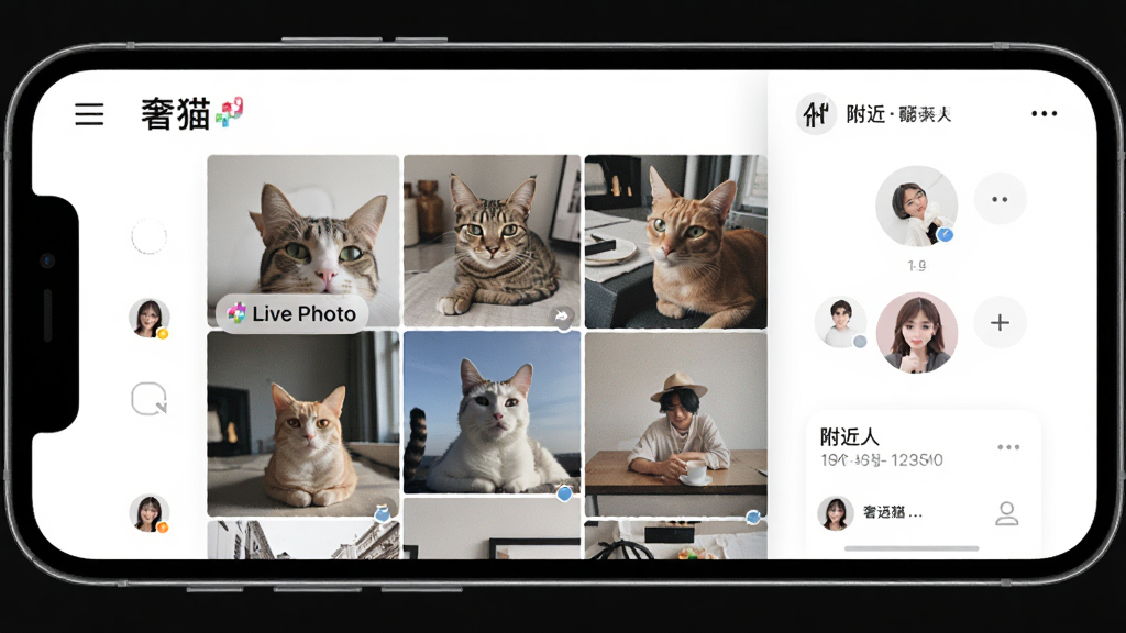 ��èApp����չʾ������Ϊ�ֻ���Ļ����Ļ����ʾ����Ƭǽ�͸����˹��ܣ������������Ű��࣬���Ϊ�ִ��罻Ӧ�ã�ϸ�ڰ����û�ͷ���Live Photo��ʶ�������������ɾ����޶���Ԫ��
