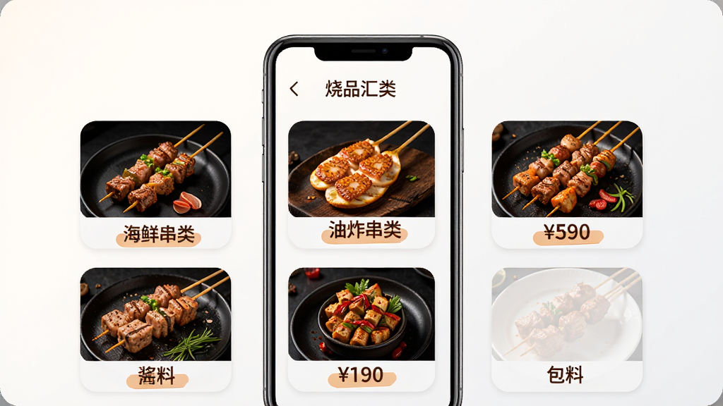 ��Ʒ��App��ҳչʾ�տ����ࡢ��ը���ࡢ���ʴ��ࡢ���ϺͰ��ķ�����ڣ������м�����ֻ�����������Ϊ�ɾ�ǳɫ���䣬���־����Ű棬���������ϸ����ͻ��ʳ�ķ���ͼ��ͼ۸��ǩ�������������ɾ����޶���Ԫ��