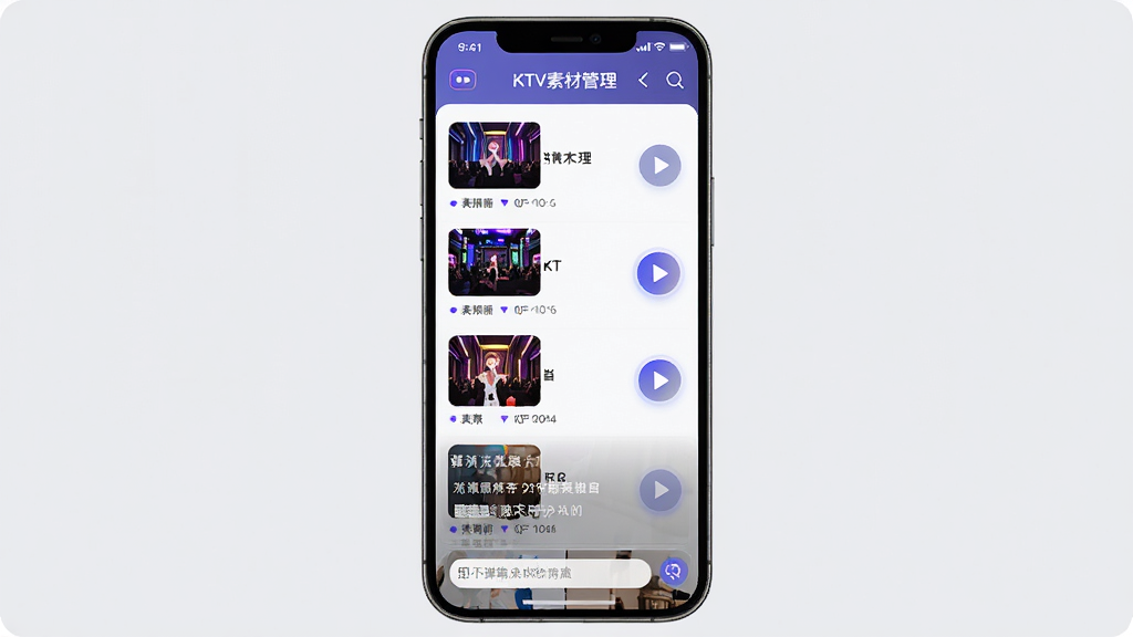 ����������������չʾ������Ϊ�ֻ���Ļ��ʾKTV�زĹ����б�������Ϊ�����ֻ�������У��Ű����������Ϊ�ִ��Ƽ���UI��ƣ�ϸ�ڰ����ز�����ͼ�����Ű�ť����Ļ����򣬻��ʸ��壬�ɾ����޶���Ԫ��