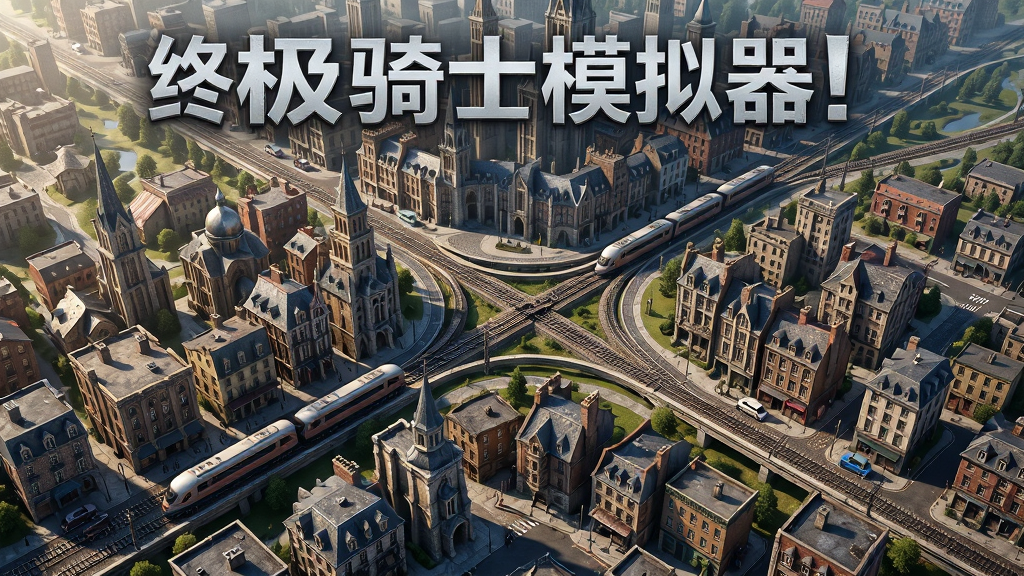 终极骑士模拟器宣传图,主体是游戏中的城市与铁路交汇的庞大远景,布局为俯瞰视角,排版展现地图的广阔感,风格为写实风格,细节包含光影变化和建筑纹理,画质超清,干净,无多余元素