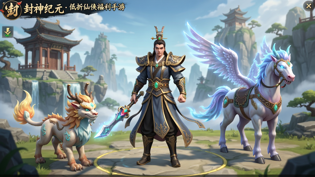 封神纪元-低折仙侠福利手游 游戏界面展示,主体为3D国风仙侠场景,布局为中央人物角色与周围环境互动,排版为横幅构图,风格为高模逼真仙侠风,细节包括华丽装备、仙宠、灵骑,画质高清,干净,无多余元素。