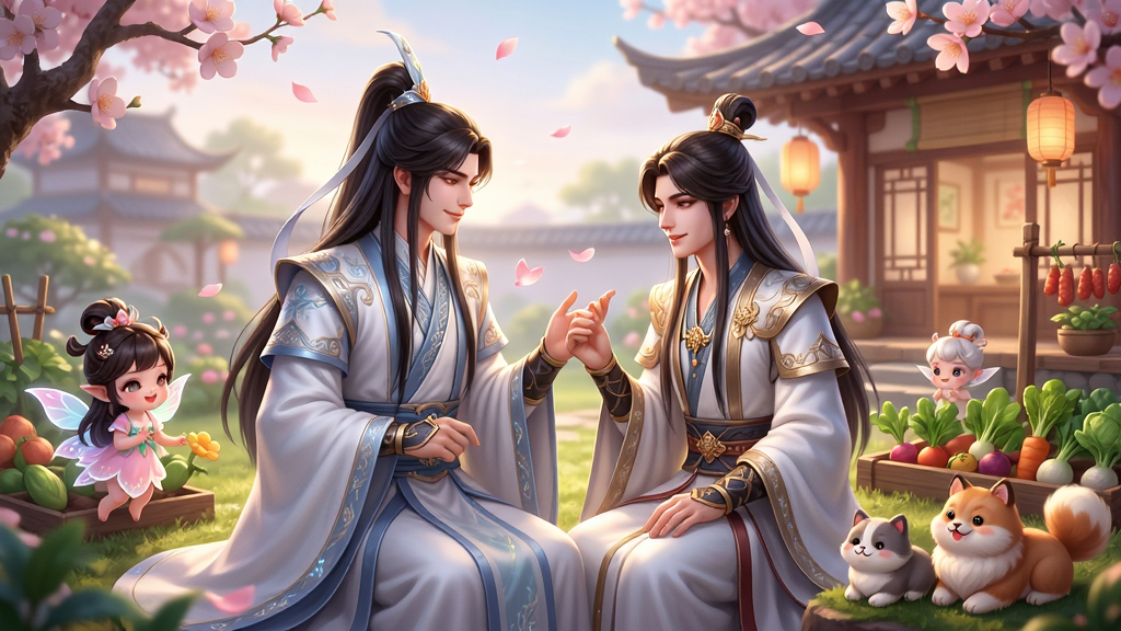 封神纪元-低折仙侠福利手游 社交情缘场景,主体为两位仙侠角色在浪漫家园中互动,布局为人物与家园环境融合,排版为横向构图,风格为唯美仙侠风,细节包括仙娃、菜园、宠物,画质高清,干净,无多余元素。