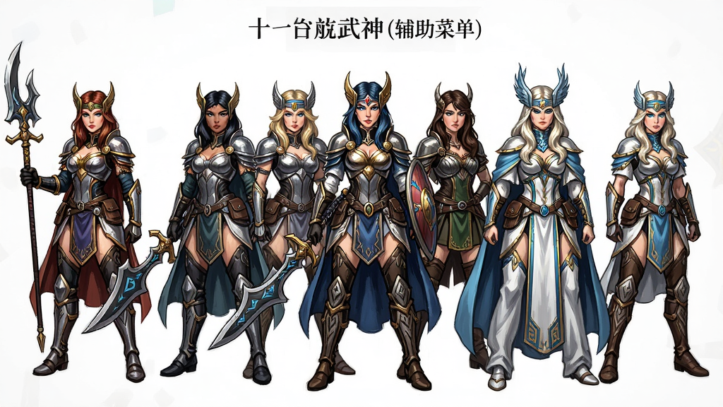十女武神(辅助菜单)游戏角色展示,主体为多位女武神学员与弗蕾雅,布局为横向排列角色立绘,排版清晰,风格为北欧神话奇幻风,细节包括华丽服饰与武器,画质高清,干净,无多余元素