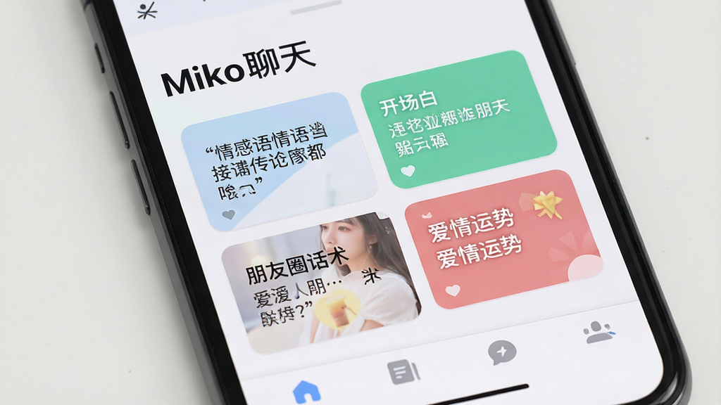 �ֻ���Ļ��ʾMiko����Ӧ����ҳ���Ϸ����⡰Miko���족���м����������¼�������ס�����Ȧ���������������ĸ����ܿ�Ƭ���ײ���������ǳɫ��������ƽ����Ʒ�񣬻���ɾ����࣬�޶���Ԫ�أ����廭��