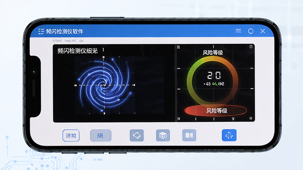 频闪检测仪软件界面展示,手机屏幕显示频闪检测结果和风险等级,简洁科技风格,蓝白色调,干净无多余元素,高清画质