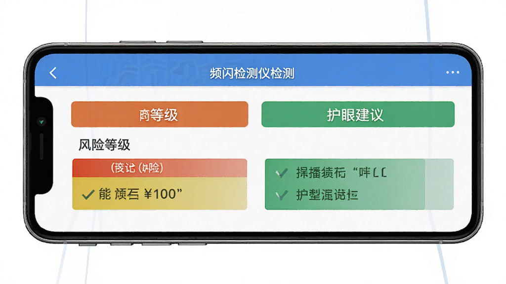 频闪检测仪检测结果页面,显示风险等级和护眼建议,手机界面清晰,简洁设计风格,高清画质,干净无多余元素