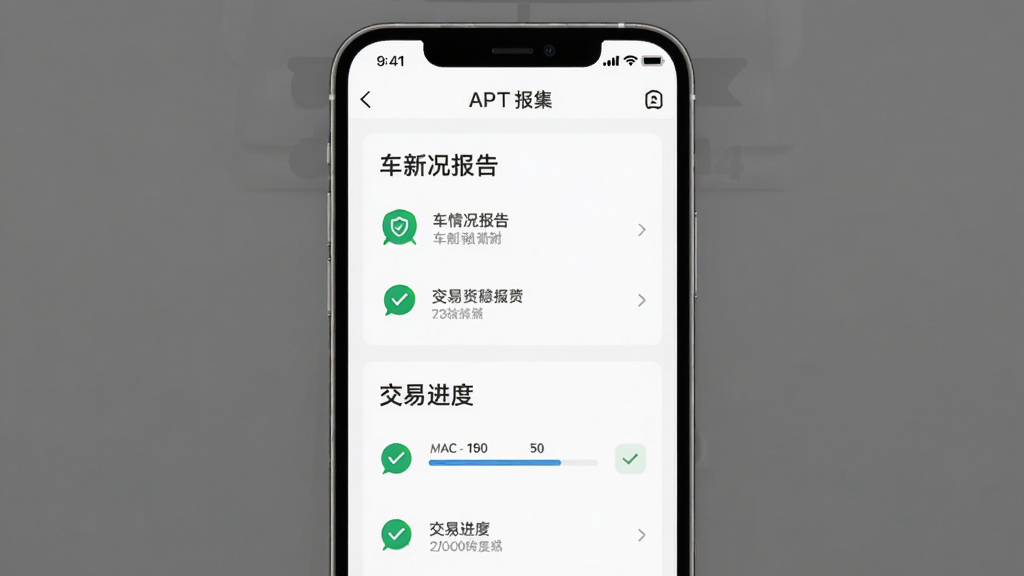 开新拍APP的交易流程界面,主体为手机屏幕展示车况报告和交易进度,布局分栏清晰,排版整齐,风格简约商务,细节包括检测图标、对勾标记和文字说明,画质清晰,干净,无多余元素