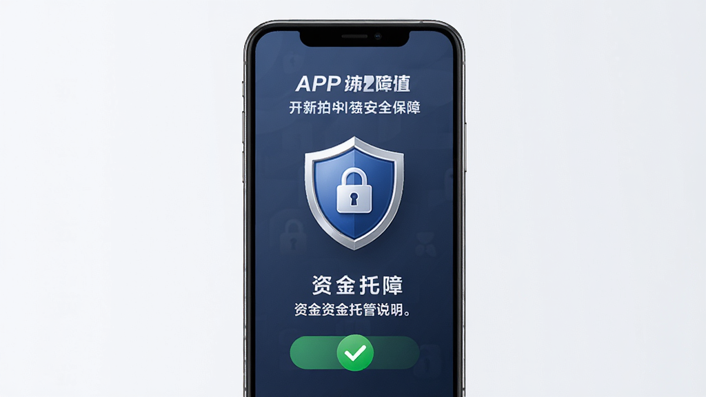 开新拍APP的安全保障页面,主体为手机屏幕展示盾牌图标和资金托管说明,布局居中,排版简洁,风格稳重可信,细节包括锁形图标、绿色对勾和文字提示,画质高清,干净,无多余元素
