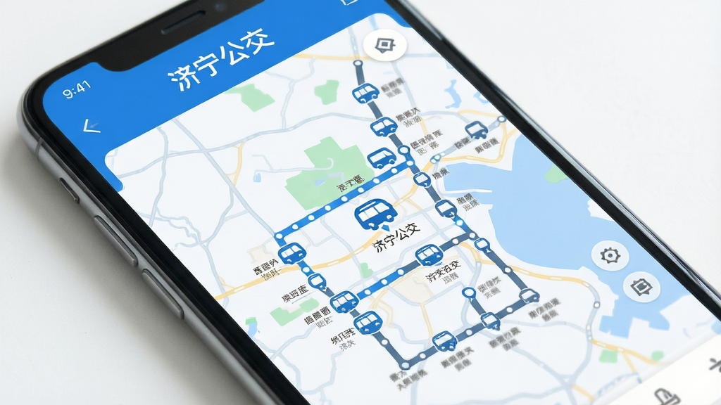 手机屏幕显示济宁公交App实时公交查询界面,蓝色主题背景,地图上标注公交车图标与线路站点,界面简洁清晰,顶部显示“济宁公交”文字,整体风格现代清爽,画质高清,无多余元素