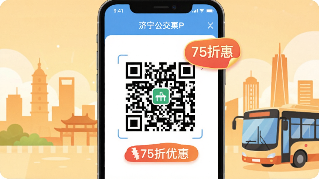 济宁公交App乘车码页面截图风格插画,手机屏幕中央显示二维码,周围有“75折优惠”字样,背景为济宁城市剪影与公交车元素,色调温暖明亮,画质清晰,干净无杂乱