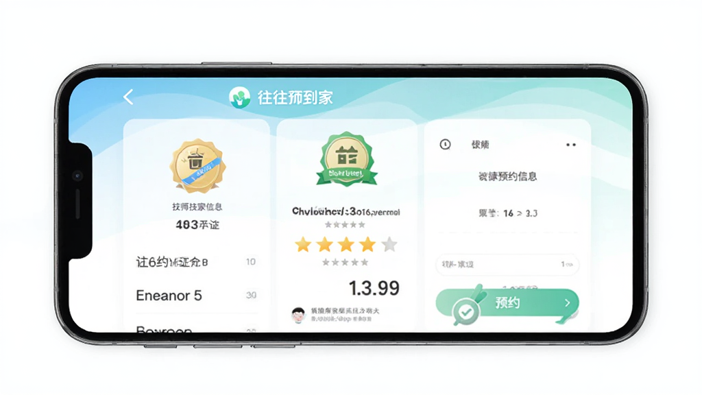 ��Լ����App����չʾ������Ϊ�ֻ���Ļ��ʾ��ʦ��֤��Ϣ��ԤԼҳ�棬���־��У��Ű��࣬������½�����ϸ�ڰ�����֤�������������ۣ������������ɾ����޶���Ԫ�ء�