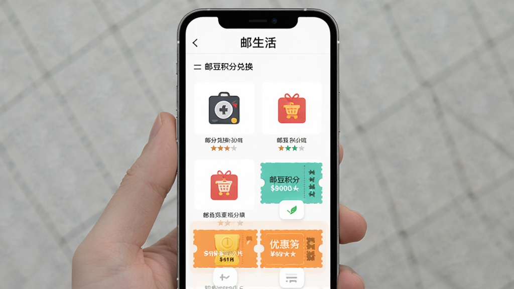 邮生活APP邮豆积分兑换商城页面,手机界面展示各类可兑换商品与优惠券,背景为白色简洁风格,顶部带有“邮生活”文字,扁平化UI设计,画质清晰,干净无多余元素