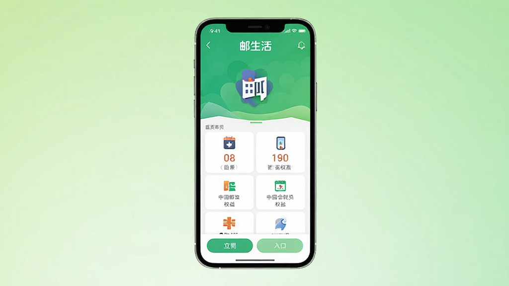 邮生活APP首页展示中国邮政会员权益与功能入口,手机屏幕居中摆放,背景为浅绿色渐变,界面简洁清晰,带有“邮生活”文字标识,扁平化设计风格,画质干净无多余元素