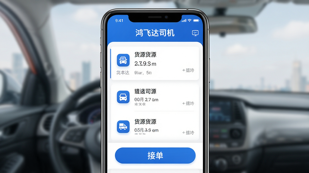 鸿飞达司机APP界面展示,主体为手机屏幕中显示货源列表和接单按钮,布局为居中展示,排版清晰简洁,风格为现代商务科技风,细节包括蓝色主色调、图标精致、文字“鸿飞达司机”清晰可见,画质高清,干净,无多余元素