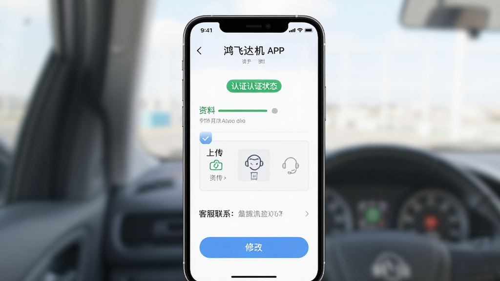 鸿飞达司机APP资料认证页面,主体为手机屏幕显示认证进度和修改按钮,布局为上下结构,排版整齐,风格为清新简洁风,细节包括认证状态标签、资料上传区域、客服联系入口,画质高清,干净,无多余元素