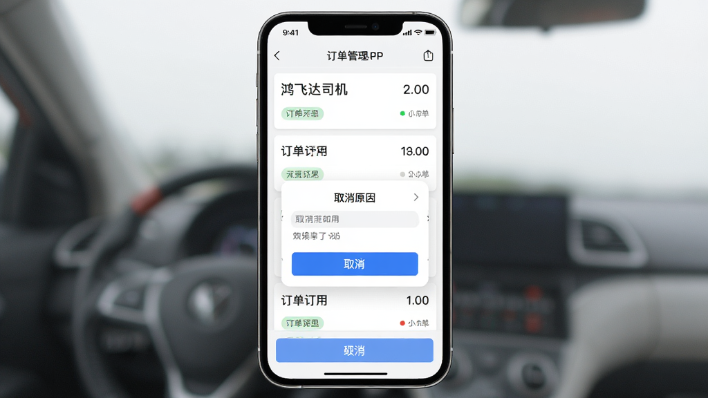 鸿飞达司机APP订单管理页面,主体为手机屏幕显示订单列表和取消按钮,布局为纵向排列,排版清晰,风格为简约实用风,细节包括订单状态标签、取消原因弹窗、蓝色确认按钮,画质高清,干净,无多余元素
