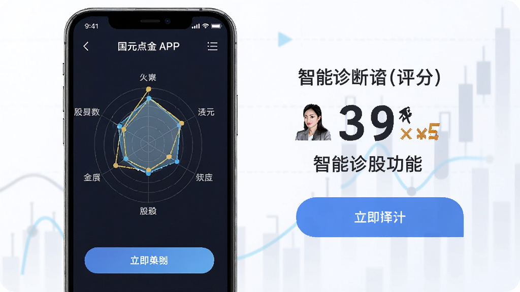 国元点金APP智能诊股功能展示图,主体为手机屏幕显示股票诊断雷达图和评分,布局为多维度数据可视化图表,排版整洁,风格专业金融科技感,细节包括雷达图、评分数字和操作按钮,画质高清,干净,无多余元素