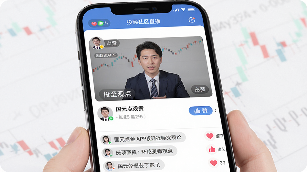 国元点金APP投顾社区直播界面,主体为手机屏幕显示投顾老师图文直播画面,布局包含直播窗口和互动评论区,排版清晰,风格专业财经资讯感,细节包括投顾头像、文字观点和点赞按钮,画质高清,干净,无多余元素