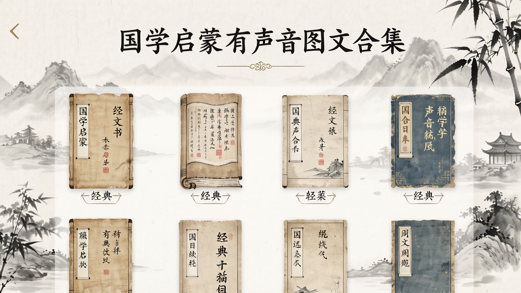 国学启蒙有声图文合集 软件界面截图,展示经典书目列表,水墨风背景,布局清晰,排版整洁,风格古典雅致,细节精致,画质高清,干净无多余元素