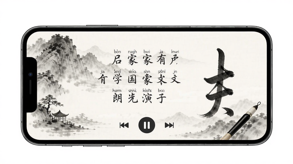 国学启蒙有声图文合集 朗读功能演示图,主体为手机屏幕显示诗文和播放控制按钮,布局居中,排版简洁,风格现代水墨,细节包含拼音标注和书写动画,画质清晰,干净无多余元素