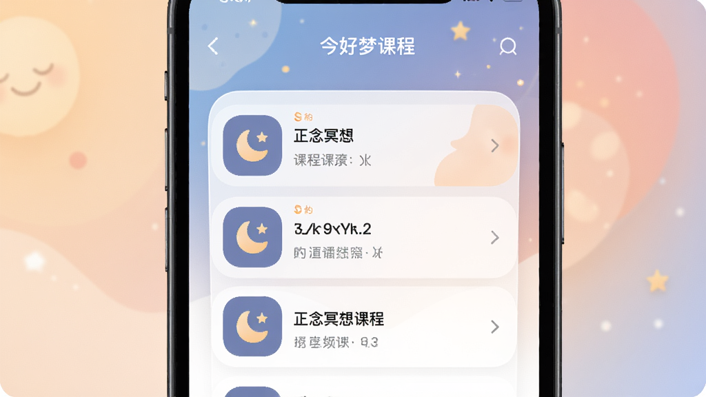 今好梦应用界面展示,主体为手机屏幕显示正念冥想课程列表,布局居中排版清晰,风格温馨舒缓,细节包含柔和渐变背景与睡眠主题图标,画质高清干净无多余元素