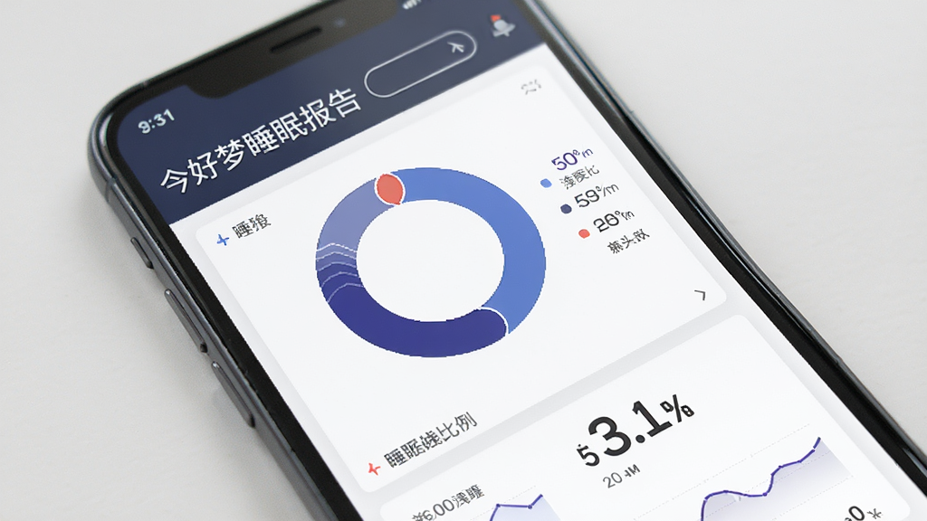 今好梦睡眠报告页面,主体为手机屏幕展示睡眠数据图表,布局上下结构排版,风格简约商务,细节包含深睡浅睡比例环形图与睡眠评分数字,画质清晰干净无多余元素