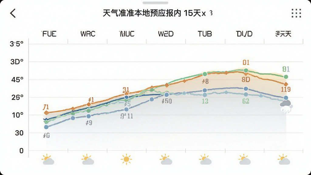 天气准时本地预报应用内15天预报页面截图,主体为折线图展示气温变化,布局上方为日期横轴,纵轴为温度数值,折线分高低温两条,排版清晰,风格简约商务,细节包含每日天气小图标,画质高清,干净,无多余元素