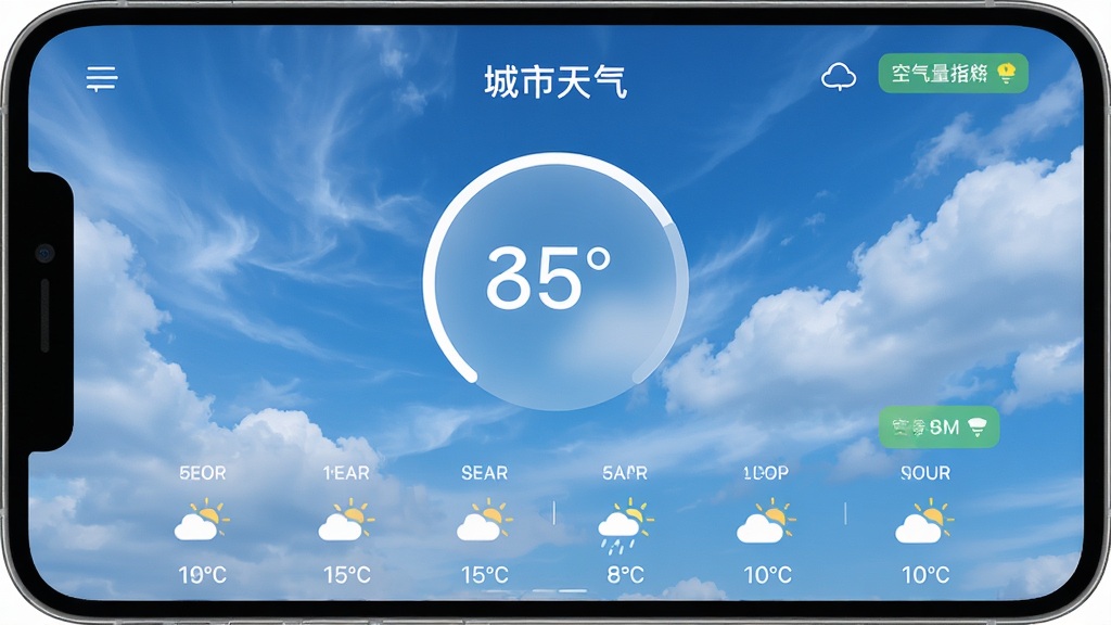 手机屏幕显示天气准时本地预报应用界面,主体为中央圆形温度数字,背景为蓝天白云动态效果,布局上方为城市名称,下方为未来六小时天气图标横排,排版简洁清晰,风格现代扁平化,细节包含空气质量指数小标签,画质高清,干净,无多余元素