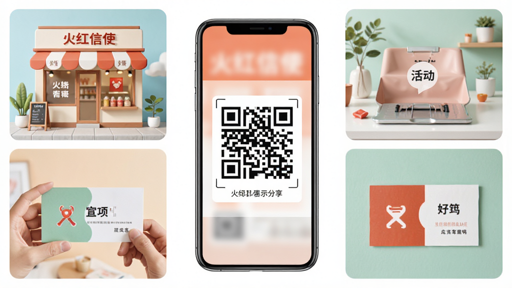火红信使应用场景示意图,主体为手机展示二维码分享画面,布局为多场景组合,排版整齐,风格清新明快,细节包含店铺、活动、名片等元素,画质清晰,干净,无多余元素