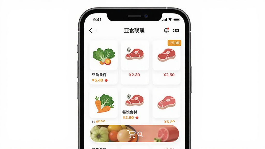 ��ʳ���ֻ�APP����չʾ������Ϊһ�������ֻ�����Ļ����ʾ����ʳ����Ʒ�б��͹��ﳵ��ť�����־��У��Ű��࣬���Ϊ�ִ���ƽ����ƣ�ϸ�ڰ��������߲ˡ�����ͼ��ͼ۸��ǩ�������������ɾ����޶���Ԫ��