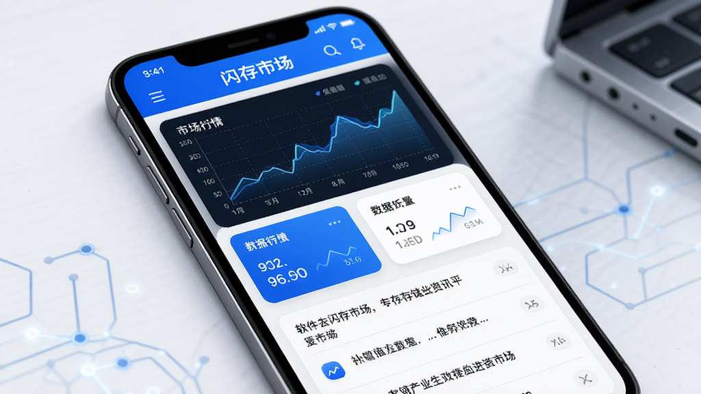 软件名称闪存市场,一个专业的存储产业资讯平台界面,主体为手机屏幕显示市场行情图表和数据报告,布局为上下结构,上方是标题栏,中间是数据卡片,下方是资讯列表,排版简洁清晰,风格为现代商务科技风,细节包括蓝色调、图表线条、文字数据,画质高清,干净,无多余元素