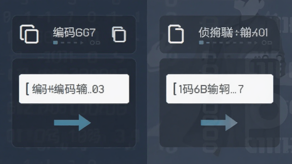 侦探冒险Base64功能特写图,主体为编码解码输入输出框,布局左右分栏,排版规整,风格扁平化,细节有复制图标和转换箭头,画质清晰,无杂乱背景