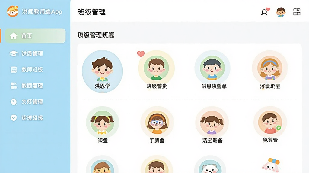 ���ѧ�ý�ʦ��App�����棬��ʾ�༶������壬����Ϊ��ർ�����Ҳ����������Ű������������Ϊ��ͯ�������ƽ����ƣ�ϸ�ڰ�����ͨͼ��������ɫ�����ʸ��壬�ɾ����޶���Ԫ��