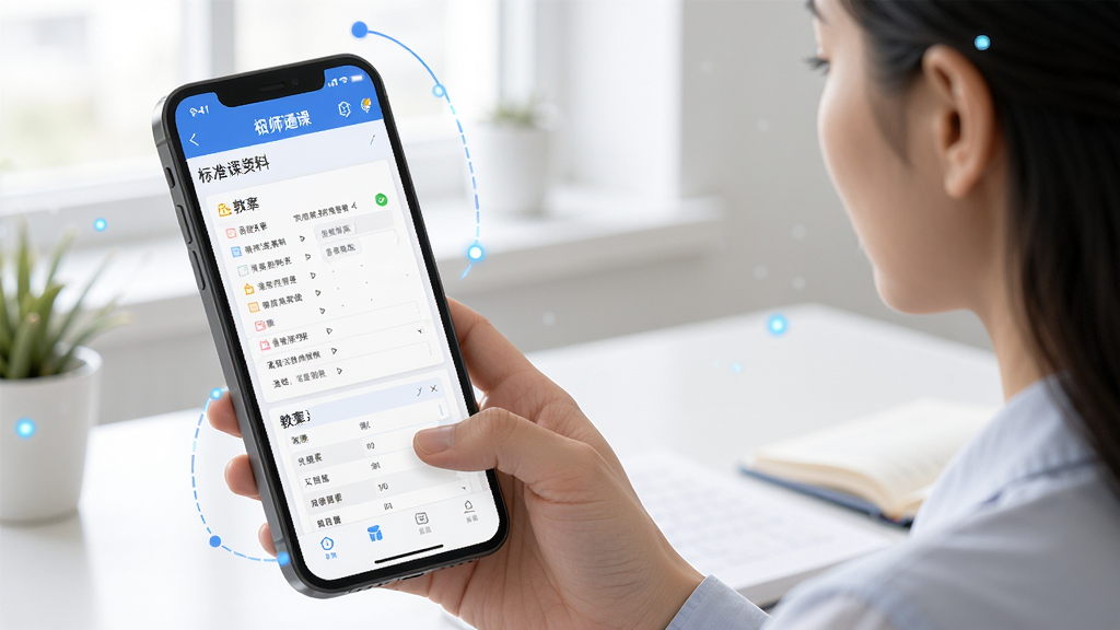 极师通App在线备课界面展示,手机屏幕中显示标准备课资料和教案文档,教师正在用手机查看和编辑备课内容,画面清晰明亮,布局简洁,风格现代教育科技感,细节丰富,画质高清,干净无多余元素