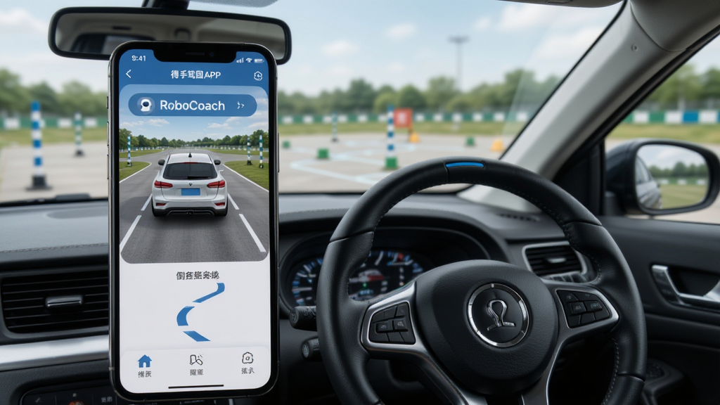 得手驾园APP界面中机器人教练RoboCoach正在用语音指导学员倒车入库,画面主体为手机屏幕和驾校训练场,布局清晰,排版简洁,风格写实科技感,细节包括方向盘、后视镜和训练路线,画质高清,干净,无多余元素