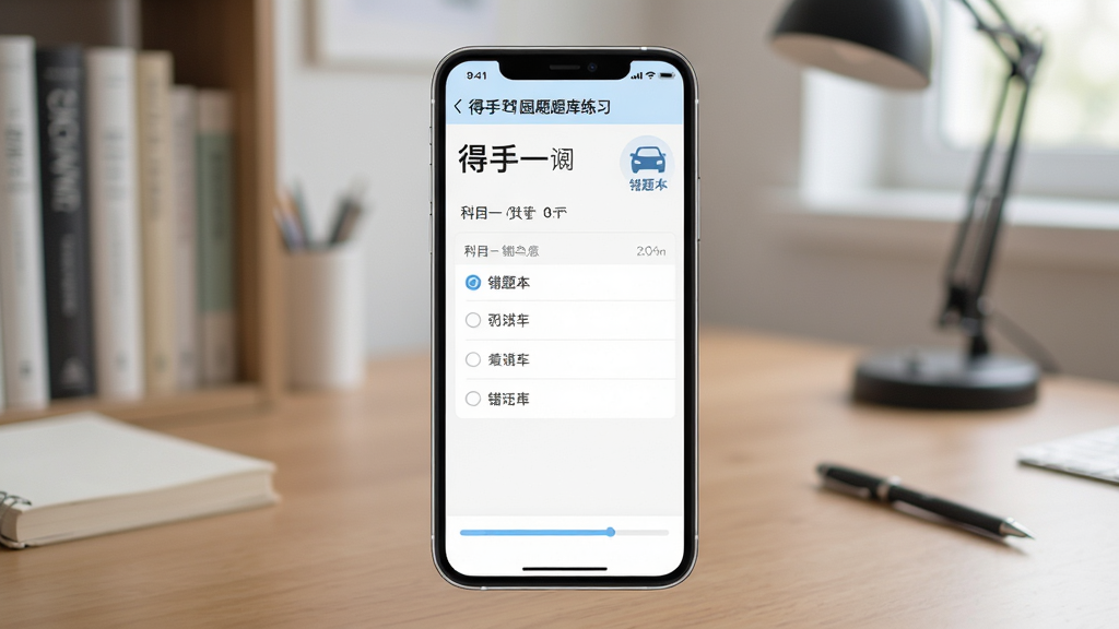 得手驾园APP题库练习页面,手机屏幕中显示科目一题目和选项,背景为书房桌面,布局居中,排版干净,风格清新简约,细节包括错题本图标和进度条,画质高清,干净,无多余元素