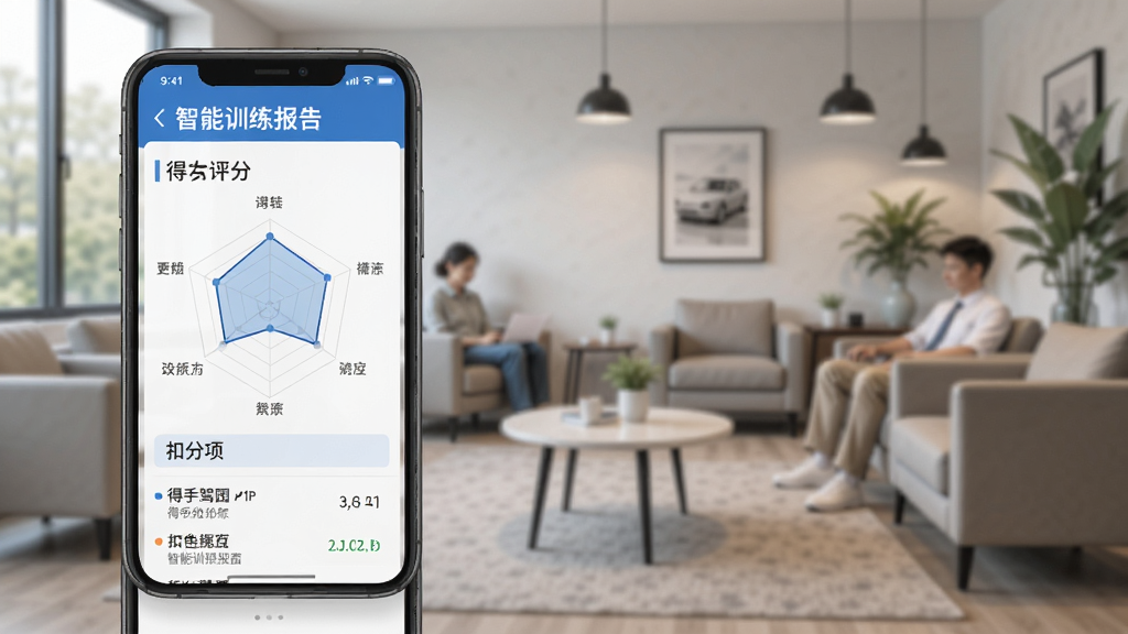 得手驾园APP智能训练报告页面,手机屏幕显示评分图表和扣分项列表,背景为驾校休息区,布局对称,排版清晰,风格现代商务,细节包括雷达图和文字批注,画质高清,干净,无多余元素