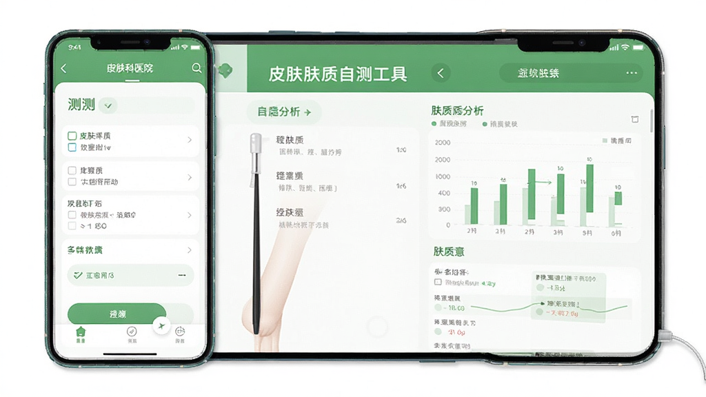 Ƥ����ҽԺ�Һ���App��Ƥ�������Բ⹤��ҳ�棬�ֻ�������ʾ�Բ��ʾ��ͷ��ʷ������ͼ����������ɫ�����������룬�ɾ��޶���Ԫ�أ����廭��