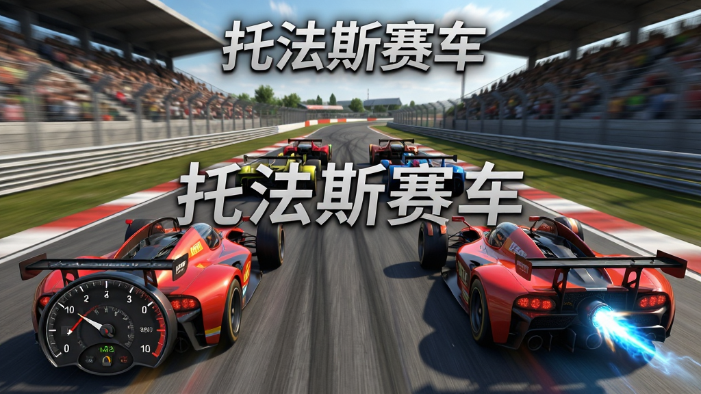 托法斯赛车游戏主界面,多辆赛车在赛道上竞速,画面中央显示“托法斯赛车”标题,布局为横向竞速场景,排版突出速度感,风格为写实3D赛车游戏,细节包括仪表盘、氮气加速特效、赛道两侧观众席,画质高清,干净,无多余元素
