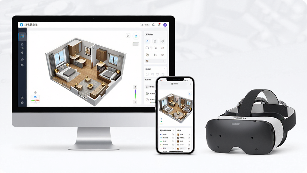 四维指房宝软件界面在电脑、手机、VR头显三种设备上同步展示三维户型模型,画面明亮整洁,布局清晰,风格科技简约,细节丰富,画质高清,干净,无多余元素
