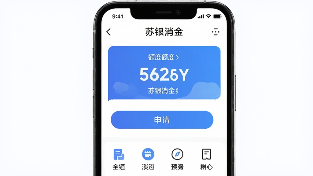 苏银消金手机应用界面展示,主体为一部智能手机,屏幕显示苏银消金app首页,布局居中,排版简洁,风格现代金融科技,细节包括额度显示、申请按钮、功能图标,画质清晰,干净,无多余元素