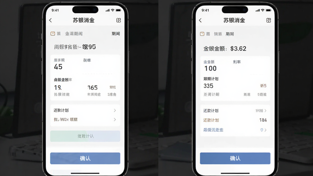 苏银消金借款页面截图,主体为手机屏幕显示借款金额与期限选择,布局清晰,排版规整,风格简约商务,细节包括利率展示、还款计划、确认按钮,画质干净,无多余元素