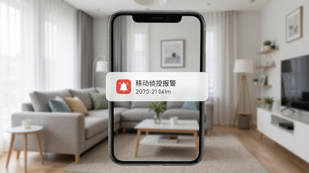 手机监控语音看家移动侦测报警功能展示,手机屏幕弹出报警通知,背景为家庭客厅场景,布局居中,排版突出通知弹窗,风格现代写实,细节包含报警图标和时间戳,画质清晰,干净,无多余元素