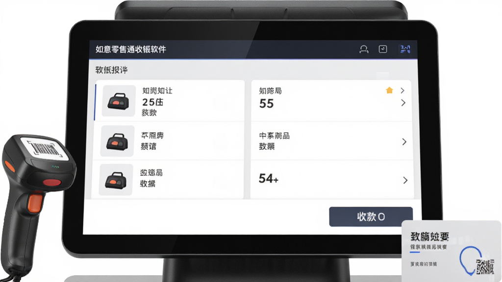 如意零售通收银软件界面展示,主体为收银机屏幕显示商品列表和收款按钮,布局居中,排版简洁,风格现代科技,细节包括扫码枪和会员卡,画质清晰,干净,无多余元素